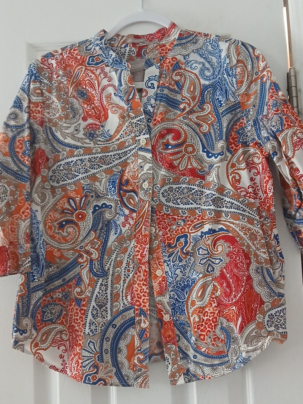 Chico's Paisley Button-Up Shirt in Red, Blue & Tan